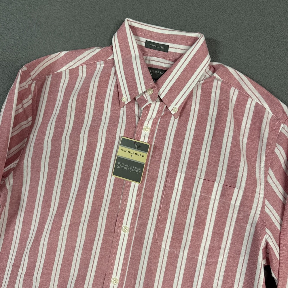 Saddlebred Shirt Mens Medium Pink White Striped Wrinkle Free Short Sleeve NWT